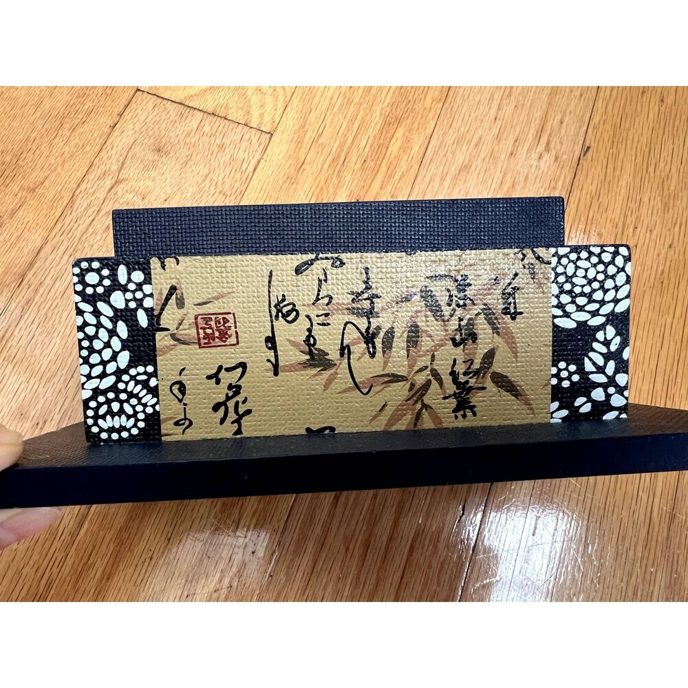 Asian Style Wooden Napkin Mail Holder Blue White pattern and Calligraphy writing